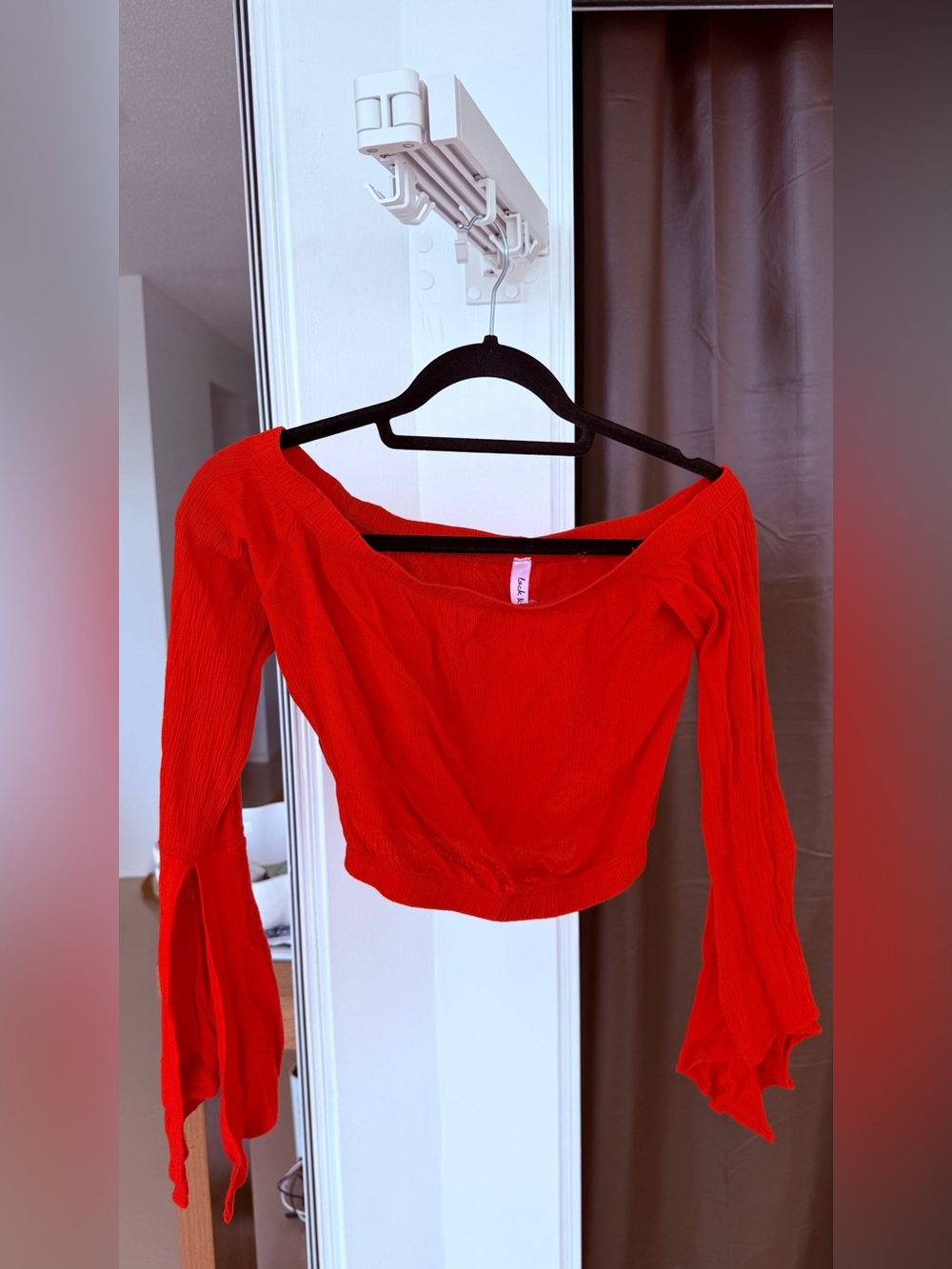 Red Off-Shoulder Ruffled Sleeve Crop Top